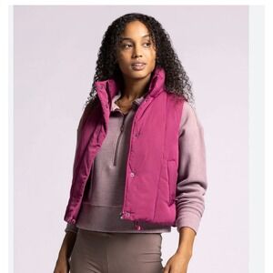 Raspberry Pink Cropped Puffer Vest Funnel Neck Zip Snap Large Womens